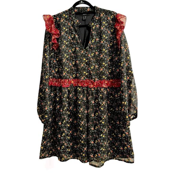 Forever 21 Tunic 0X Black Mini Floral Ditzy Print Ruffled Shoulder Boho - Picture 3 of 8